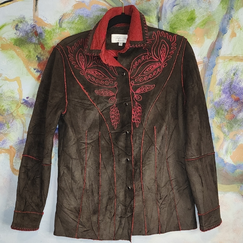 Tasha Polizzi Red and Brown Button Down Shirt with Embroidery